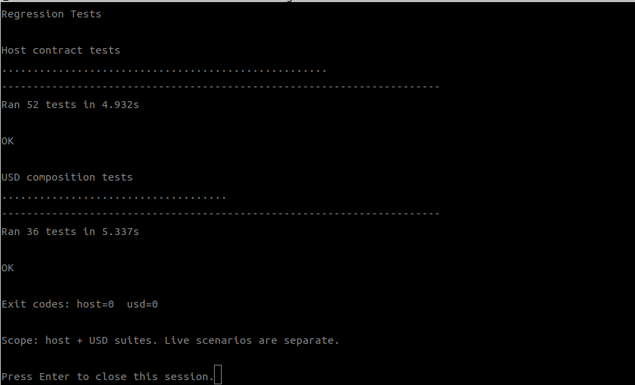 Regression test run — host suite 52 tests, USD suite 36 tests, all passing