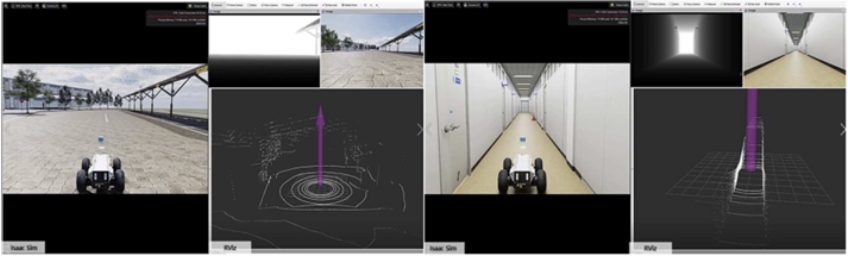 Isaac Sim driving view with RViz sensor visualization